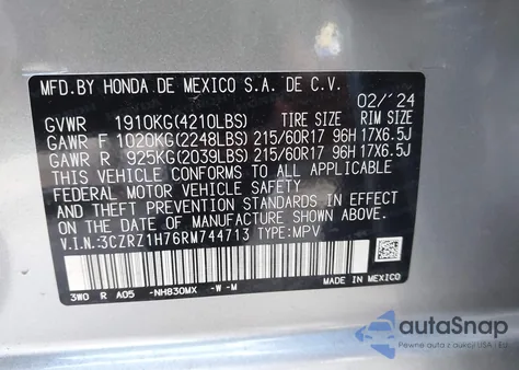 2024 Honda Hr-V 2Wd Ex-L/2Wd Ex-L W/O Bsi из США, поврежденный, VIN 3CZRZ1H76RM744713